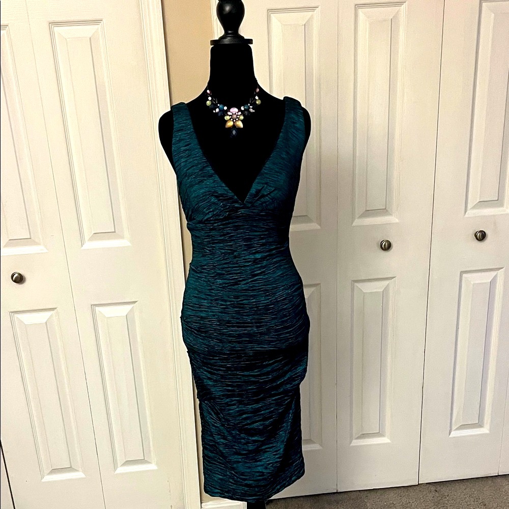 Xscape Deep Teal V-Neck Midi Dress